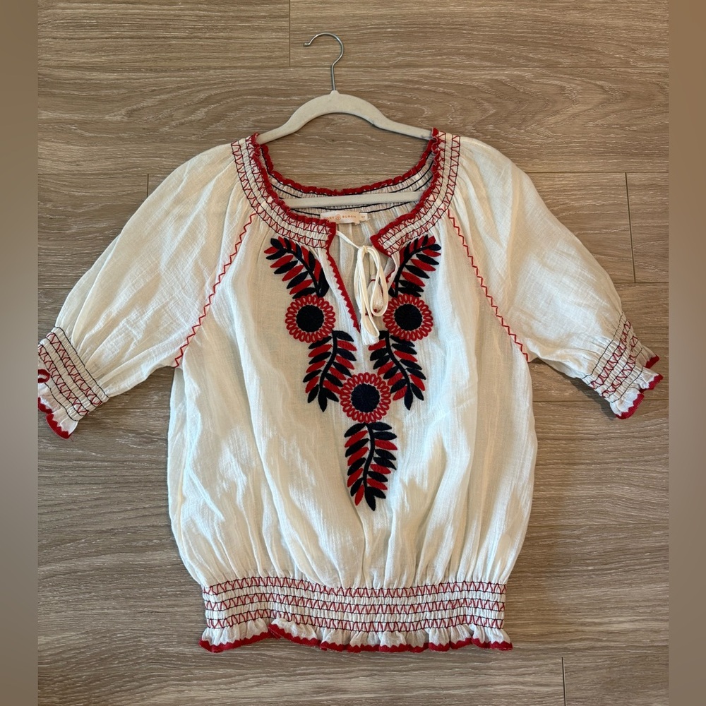 Tory Burch Cream Blouse with Red Embroidery